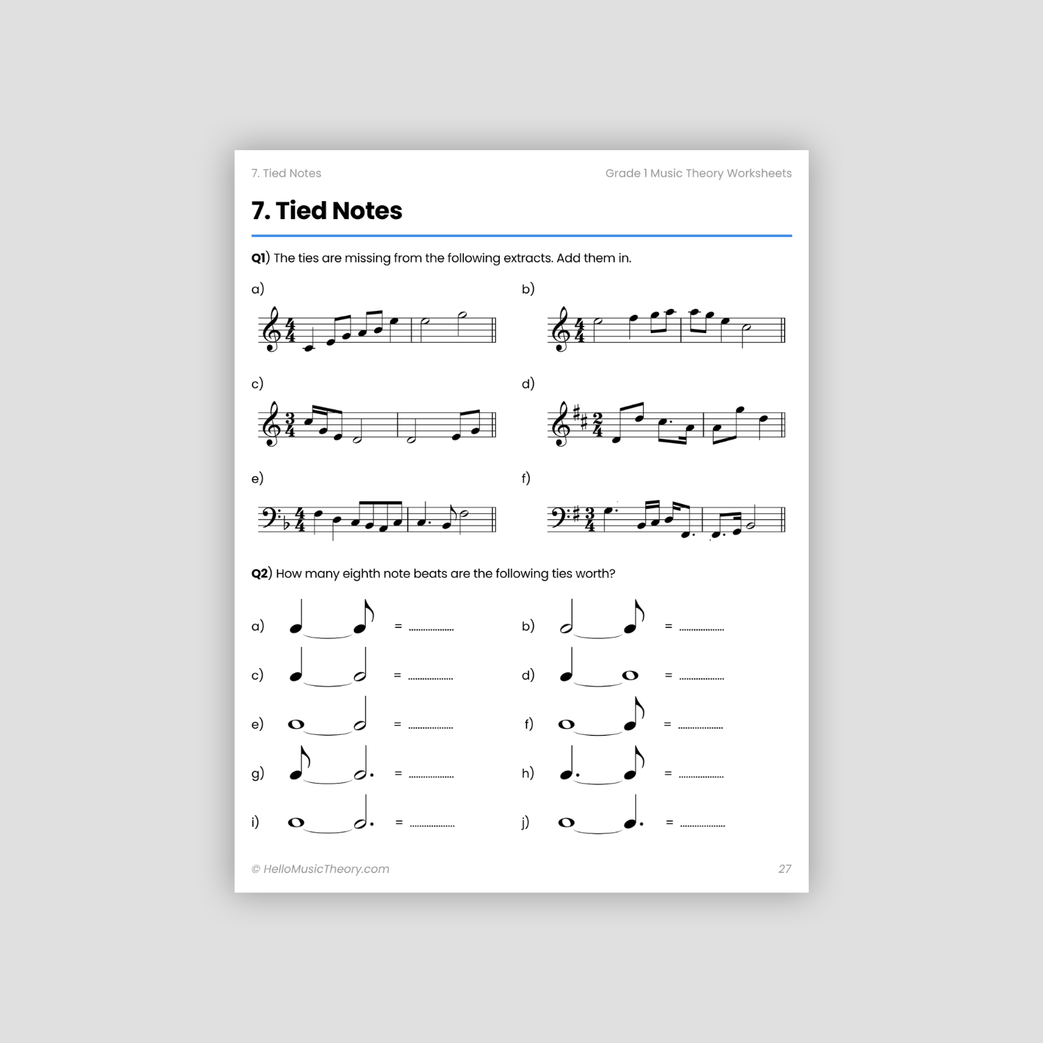 Grade 1 Music Theory Worksheets Pack